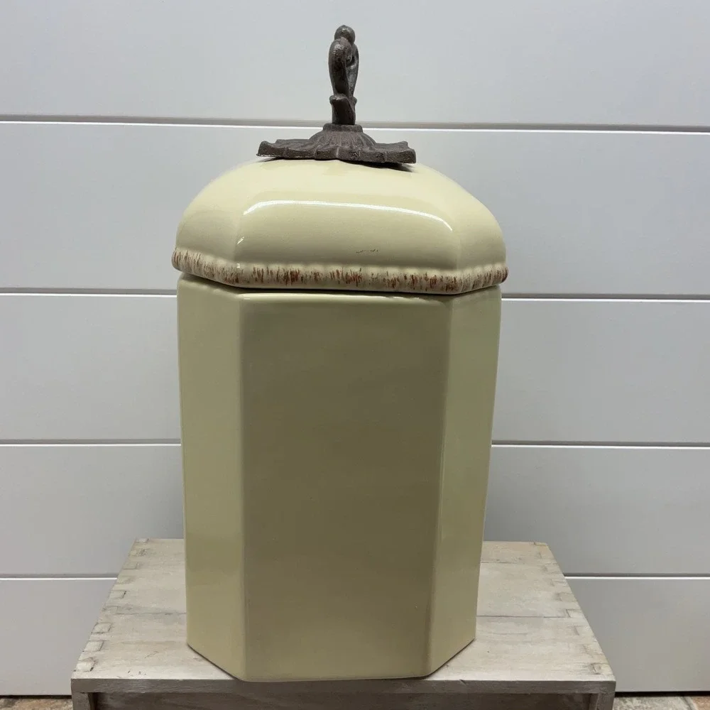 Cream Ceramic Octagonal Canister Rustic Cast Iron Finial Farmhouse Kitchen Jar